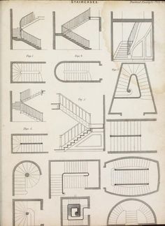 an old book with stairs and railings in various stages of being drawn on it