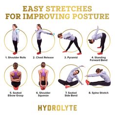 a woman doing yoga poses with the words easy stretches for imppoing posture