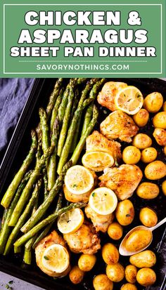 chicken and asparagus sheet pan dinner with lemons, asparagus and potatoes