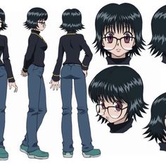 an anime character with black hair, glasses and blue jeans standing in front of the camera