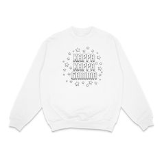 a white sweatshirt with the words keep calm and stars on it, in front of a white