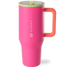 a pink travel mug with an orange handle and the words hydroprob on it