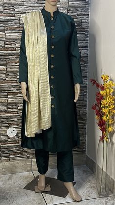 This stylish sherwani suit is made  of high quality silk fabric. Its a two piece dress. This is stitch in front open sherwani style kurta emblished with silver buttons having sequin work Custom to order. All sizes available Stitching  For stitched dresses you can chose from size chart or can message us for customization.our team will send you size chart for customization. Feel free to convo for any details to help you in your selection because customize dresses cannot be return or exchange. Note: color may slightly vary because of different screen resolutions. We have an expert customization team .if you have any problem regarding taking measurements please convo for our help. All the measurements are rechecked before dispatch. Designer Silk Sherwani With Traditional Drape, Silk Sherwani With Resham Embroidery, Elegant Semi-stitched Sherwani With Sheer Dupatta, Elegant Cotton Silk Sherwani For Festive Season, Designer Raw Silk Sherwani Straight Kurta, Designer Raw Silk Sherwani In Straight Kurta Style, Green Silk Salwar Kameez For Formal Occasions, Raw Silk Sherwani With Dabka Work, Elegant Semi-stitched Silk Sherwani