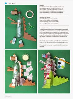 the instructions for making an alligator bottle with construction paper and crafting supplies on it