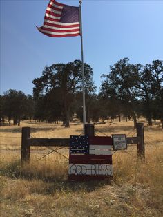 an american flag on top of a wooden post in the middle of a grassy field