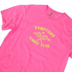 Serve up some serious style with the Hamptons Tennis Club T-Shirt! This preppy tee is the perfect way to add a pop of color to your to your summer wardrobe. Comfortable and stylish, it's perfect for the beach, pool or simply enjoying a warm day. But it's not just about style - this neon pink t-shirt, made by comfort colors is made with comfort in mind. Get ready to be the trendsetter this summer (and don't forget to size up for a trendy oversized fit!) Fabric: 100% Cotton Design: Neon Yellow hea