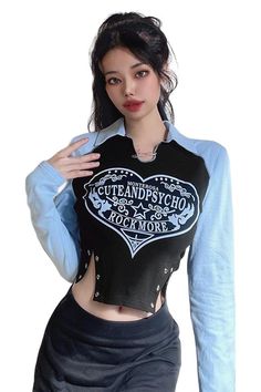 Retro Irregular Long Sleeve Crop Top - Crop Tops Goth Vintage, Egirl Clothes, Soft Girl Clothes, White Mini Skirt, Y2k Clothing, Y2k Clothes, Green Mini Dress, Punk Outfits, Y2k Outfits