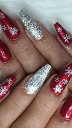 Red Silver Nails Christmas, Christmas Nails Red And Silver Glitter, Red Silver Christmas Nails, Silver And Red Christmas Nails, Christmas Nails Red And Silver, Red Sparkle Christmas Nails, Silver And Red Nails, Red And Silver Christmas Nails