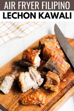 an air fryer filipino recipe is shown on a cutting board with the title above it