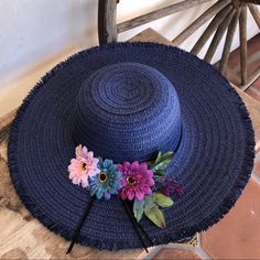 Floppy Summer Woven Straw Rattan Hat In Navy Blue W/ Silk Flowers On Brim Of Hat. Super Cute! Light & Comfy! New!!! Measurements: Across Total Hat: 16.5” Head Opening: 8” Perfectly Round And Flexible. Great For: - Beach - Weddings - Outdoor Parties & Events - Out To Eat - Wineries - Vacations Navy Hat For Spring, Navy Beach Hat, Blue Brimmed Sun Hat For Day Out, Navy Brimmed Beach Hats, Navy Brimmed Hats For Beach, Blue Brimmed Hat For Day Out, Blue Straw Hat One Size Fits Most, Fun Blue Sun Hat For Vacation, Navy Wide Brim Hat For Beach