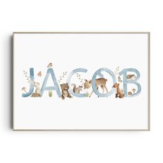 the word jagob written in watercolor with animals