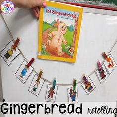 the gingerbread man book is hanging from a line of clothes pins on a bulletin board