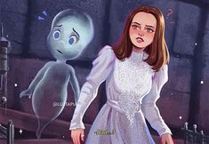 a girl in a white dress standing next to an alien