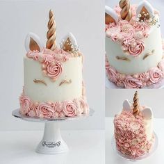 the cake is decorated with pink flowers and unicorn ears