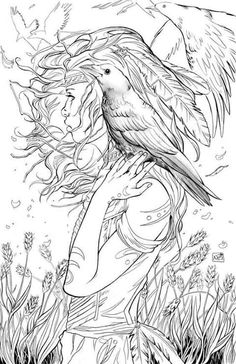 a drawing of a woman with long hair and a bird perched on her shoulder, surrounded by seaweed