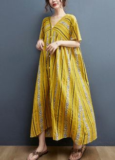 Yellow Print Cotton Maxi Dresses Short SleeveFabric: Cotton BlendedSize & Fit:Fit: This garment fits true to size.Length: Size 2XL measures 46.8" from shoulder to hem.Bust: Great for any cup size. Waist: Loose Fit. Comfortable room throughout midsection.Hip: Loose Fit - room for hips.Hand Wash Cold. Cozy Dresses, Cotton Maxi Dresses, Neckline Pattern, Dresses Short Sleeve, Cozy Dress, Vintage Material, Linen Maxi Dress, Cotton Maxi, Maxi Dress Cotton