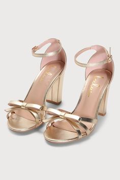 Whether you feel like dressing up or keeping things casual, the Lulus Bowden Gold Bow Ankle Strap High Heel Sandals are here for you! Smooth faux leather shapes these cute heels with a classic almond toe bed, a strappy vamp with a cute bow detail, and an adjustable, slender ankle strap with a shiny gold buckle. Heels For Hoco, Gold Heels Prom, Hoco Shoes, Homecoming Heels, Hoco Inspo, Heels Bow, Cheap Heels, Bridesmaids Shoes