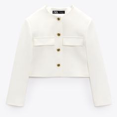 Nwt. Zara White Gold Button Cropped Blazer With Round Collar, Long Sleeves With Shoulder Pads. Front Closure With Embossed Gold Buttons. Size L. Ref. 2424/744. Pit To Pit 23" Flat, Shoulders 18", Sleeves 24", Length 19". White Button-up Outerwear With Button Cuffs, White Blazer With Buttoned Pockets For Spring, White Button-up Outerwear With Snap Buttons, Classic White Outerwear With Buttoned Pockets, White Button-up Outerwear For Work, White Long Sleeve Blazer With Buttoned Pockets, Classic White Outerwear With Buttons, White Outerwear With Snap Buttons For Work, White Snap Button Outerwear For Work