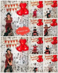 a collage of photos with red heart balloons and two children sitting on the floor