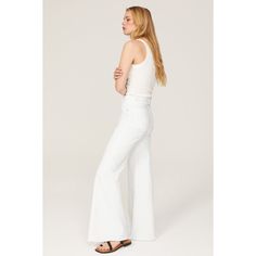 White denim (99% Cotton, 1% Lycra). Jeans. Front zipper fly with button closure. 33" inseam. 11.5" rise. 27" leg opening. Imported. Summer Wide Leg Jeans With Button Zip Fly, High Waist Jeans With Button Zip Fly For Spring, High-waisted Jeans For Spring, Spring High-waisted Jeans, Spring Flare Jeans With Button Zip Fly, Spring Wide Leg Flare Jeans With Button Zip Fly, High Rise Jeans With Button Zip Fly For Spring, Fitted High Waist Flare Jeans With Button Zip Fly, Fitted Jeans With Button Zip Fly For Spring