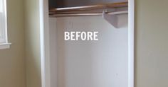 an empty closet with white walls and wood flooring, before and after the paint job