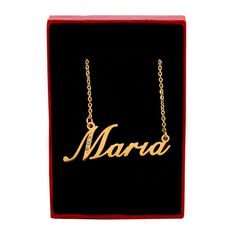 "Name Necklace Pendant and Chain A Wonderful Gift for Mother's Day, Birthdays, Thank You, Wedding, Engagement or any other Special Occasion *~ Comes with Free Gift Box & Gift Bag ~* Exceptionally High Quality Solid Product at an Amazing Price! Necklace Thickness : 3mm approx Necklace Height : 12-20mm approx Necklace Width : 30mm to 70mm approx, depends on how many letters are in the name. Weight : 5g to 10g depending on the length of the name. Chain : 18ct Gold Plated Chain Length : 19\" app Maria Name, Name Chain, Locket Design, Name Jewelry, Custom Name Necklace, Necklace Personalized, Box Bag, Lovely Things, Christmas Gifts For Her