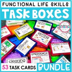 colorful task boxes with the words task boxes and matching cards on them, in front of a blue background