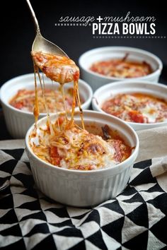 pizza bowls with cheese and sauce being lifted from one bowl by a spoon, on a black and white checkered tablecloth