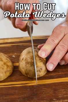 a person cutting potatoes with a knife on a cutting board