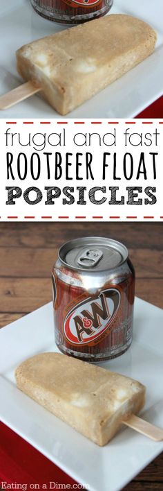 a can of root beer sitting on top of a white plate with popsicles