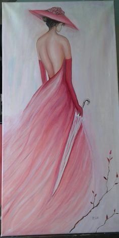 a painting of a woman in a pink dress and hat with an umbrella on it