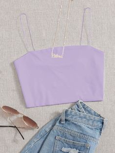 Lilac Purple Casual   Polyester Plain Cami Embellished Non-Stretch Summer Women Tops, Blouses & Tee Purple Top Outfit, Simple Crop Top, Crop Top With Jeans, Purple Crop Top, Women Tank Tops, Summer Crop Tops