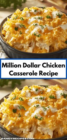 two pictures of a casserole dish with chicken and cheese on top, the same photo