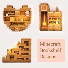 three different types of bookshelves made out of lego blocks and wood planks with text overlay that reads minecraft bookshelf designs