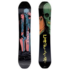 a snowboard with an image of a skeleton on the bottom and another one behind it