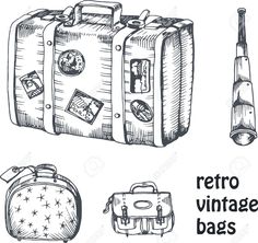 an old suitcase and other items are shown in this hand drawn sketch style illustration set