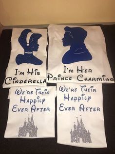 four white towels with blue silhouettes on them and the words i'm his cinderella prince charming