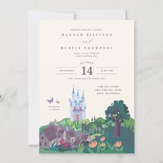 a wedding card with an image of a castle and trees on the front, in white