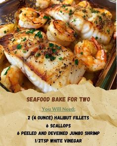 the seafood bake for two is served in a pan with shrimp and scallops