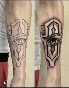 two men with tattoos on their legs, one has an eye and the other has a cross