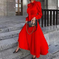 Lasaky - Long-sleeve Dress Christmas Maxi Dress, Long Puff Sleeve Dress, Long Sleeve Elegant Dresses, Elegant Vintage Dresses, High Waist Maxi Dress, Chic Maxi Dresses, Loose Maxi Dress, Women's Robe, Maxi Robes