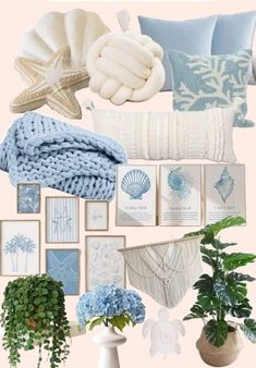 a collage of blue and white items including pillows, blankets, flowers, plants and pictures