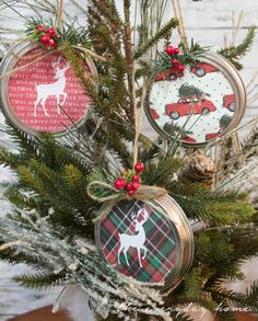 three christmas ornaments hanging from a pine tree