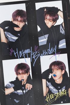 the collage shows four photos of a boy with purple hair