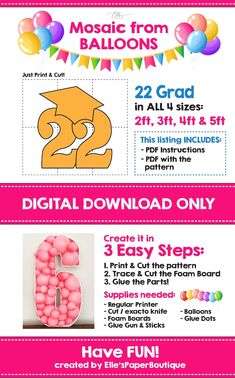 an advertisement for a birthday party with balloons and numbers on the front, in pink