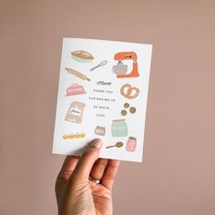 a hand holding up a card that says mom thank you for baking and baking today