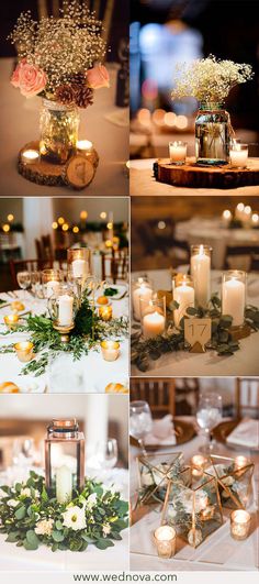 wedding centerpieces with candles and greenery