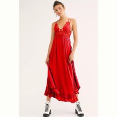 Free People Adella Maxi Slip Dress Bright Red Size Xs Brand New With Tags (A) Free People Adella, Free People Maxi, Free People Maxi Dress, Red Maxi, Embroidered Maxi Dress, Maxi Slip Dress, Tiered Maxi Dress, Lace Maxi, Pink Maxi Dress