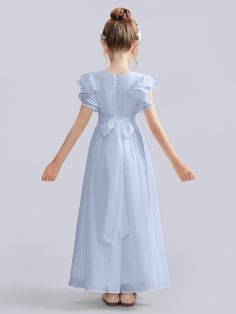 Description:   Flutter Crinkle Chiffon Junior Bridesmaid Dress   Details:     Silhouette: A-line  Fabric: Chiffon  Neckline: Scoop  Sleeve Length: Cap Sleeves  Embellishment: Bowknot   With padding and boning.    Available in full-size range (J4-J16) and in  custom size         Ask a question Junior Bridesmaid Dresses Dusty Blue, Jr Bridesmaid, Dusty Blue Bridesmaid Dresses, Junior Bridesmaid Dress, Junior Bridesmaid Dresses, Junior Bridesmaid, Dusty Blue, Ice Blue, Dress Details