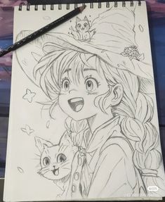 a drawing of a girl holding a cat and wearing a witches hat with cats on her head